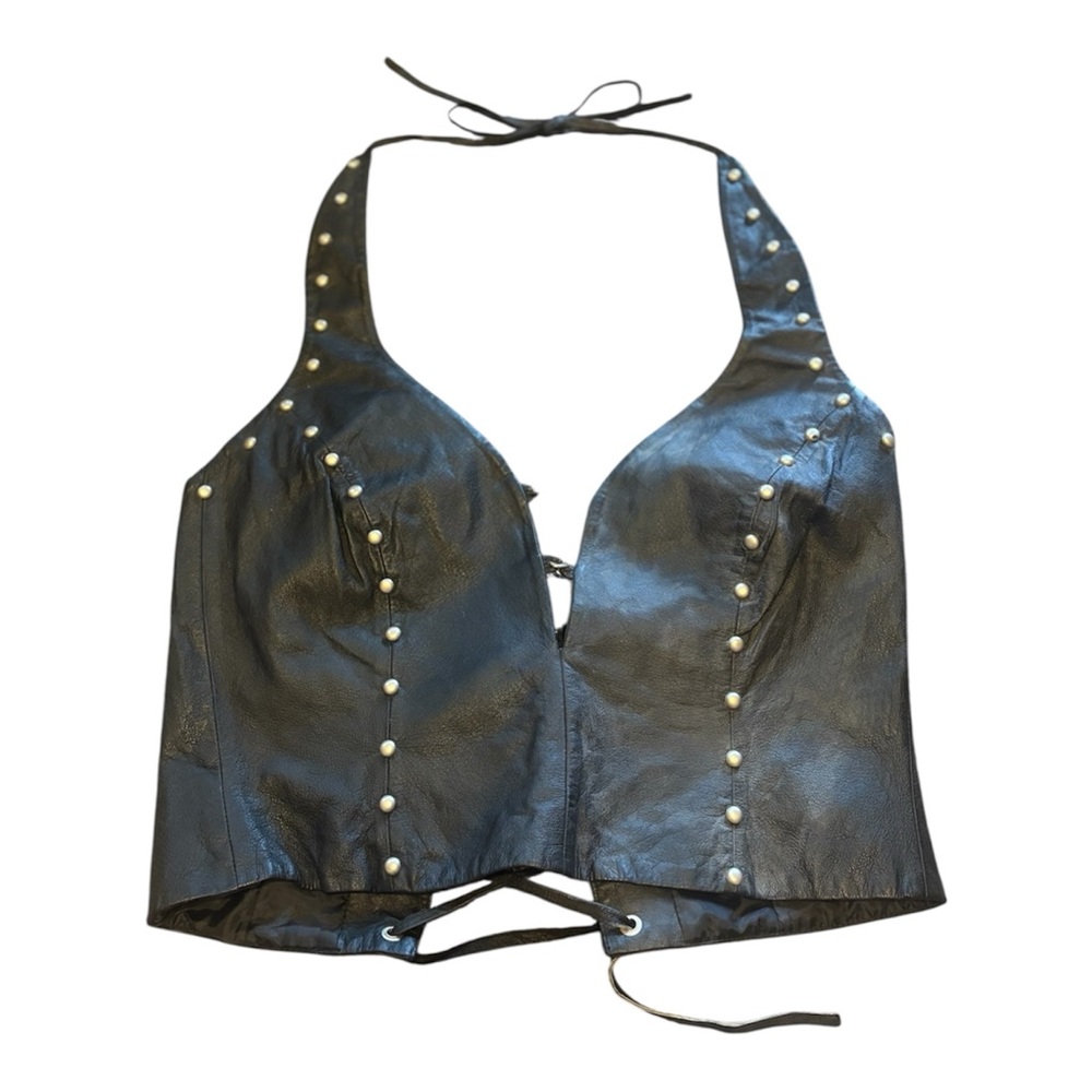 Black Studded Halter Faux Leather Crop Top
